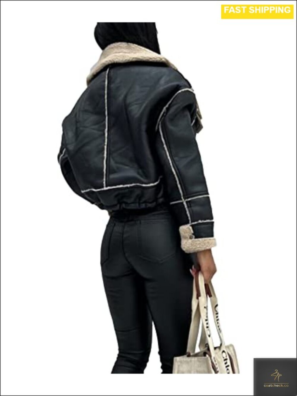 Faux Leather Moto Bomber Jacket Sherpa-Lined Faux Shearing Winter Coat - Picture 2 of 4